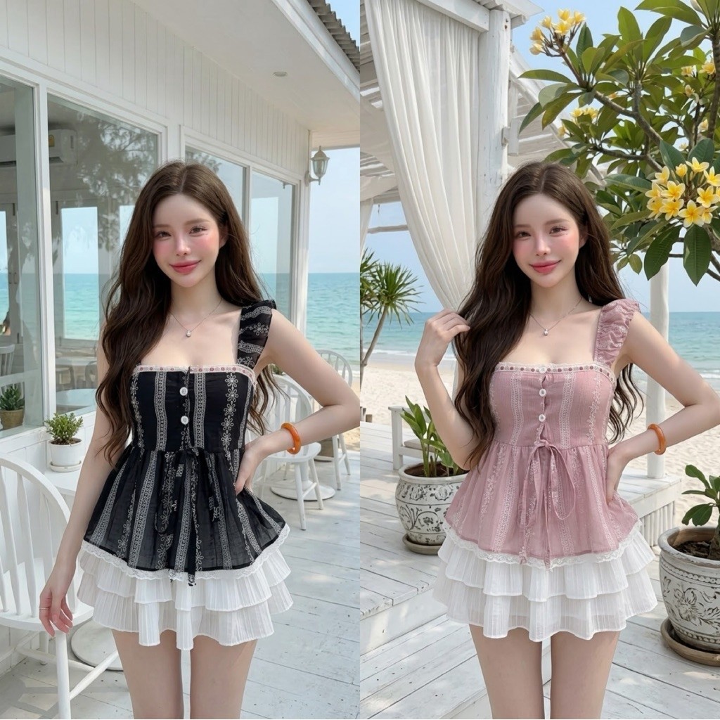 (อก30-40เสื้อสายเดี่ยวระบายชั้นผ้าโรซี่พิมลาย กระดุมใช้งานได้จริง detail แต่งผ้าลายน่ารัก