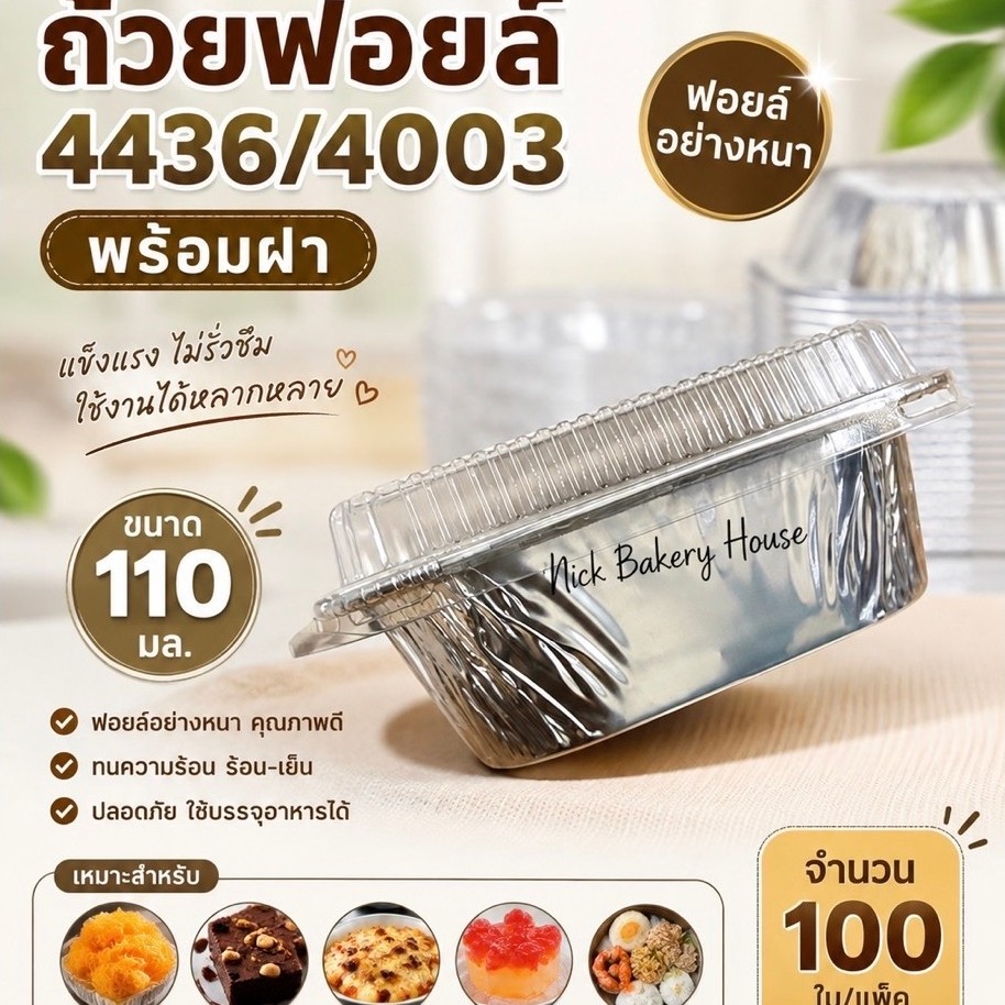 ถ้วยฟอย 4436/4003 พร้อมฝา (ฟอยอย่างหนา) 100 ชุด ✅✅