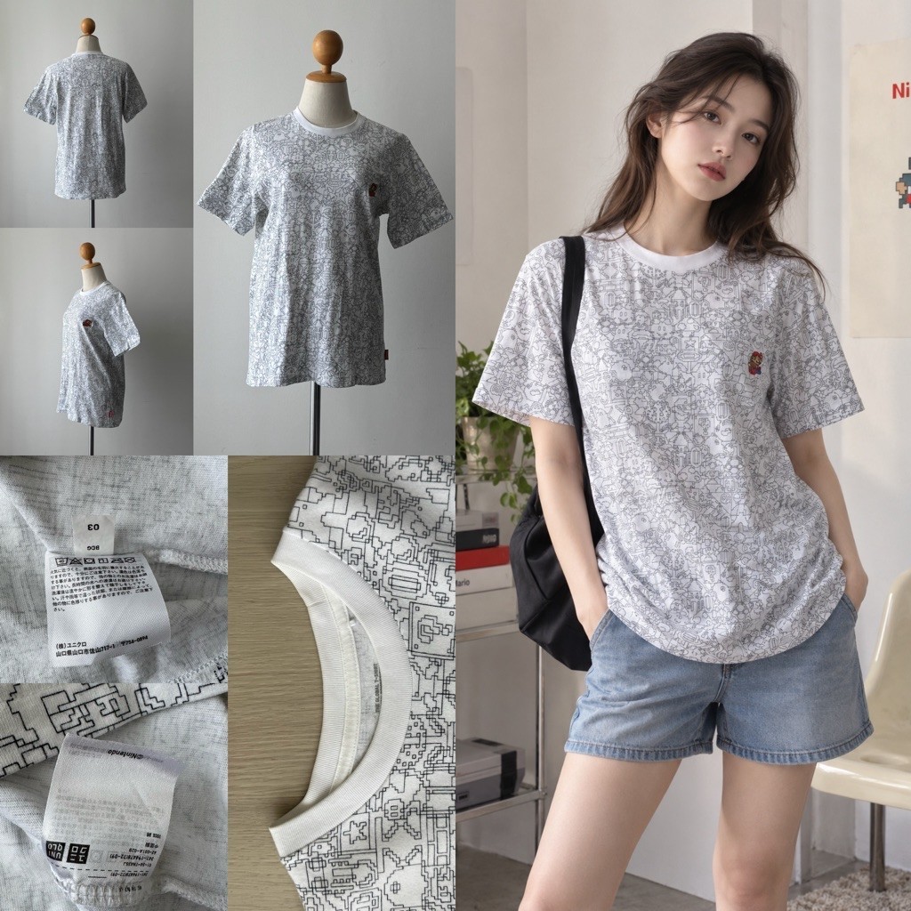 Pre-owned UNIQLO UT Nintendo Pixel Graphic T-Shirt White Size M SPXLC997