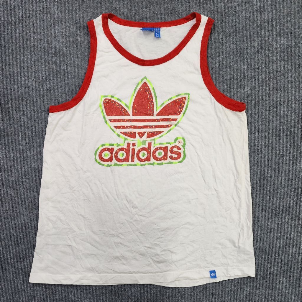 เสื้อกล้าม ADIDAS สีขาวกุ๊นคอ/แขนสีแดง ลายโลโก้ Trefoil แตงโม