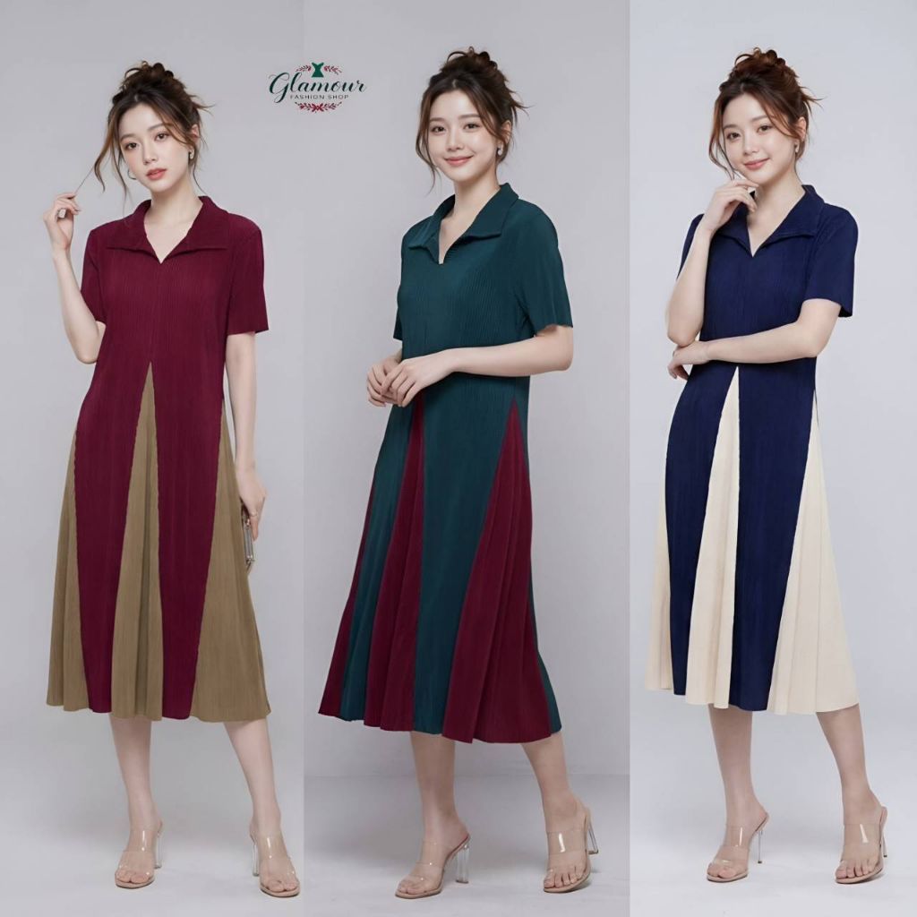 ใหม่.เดรสพลีทคอโปโลสีทูโทน Code - B409 { อก:34 - 48 นิ้ว } ใส่สวย