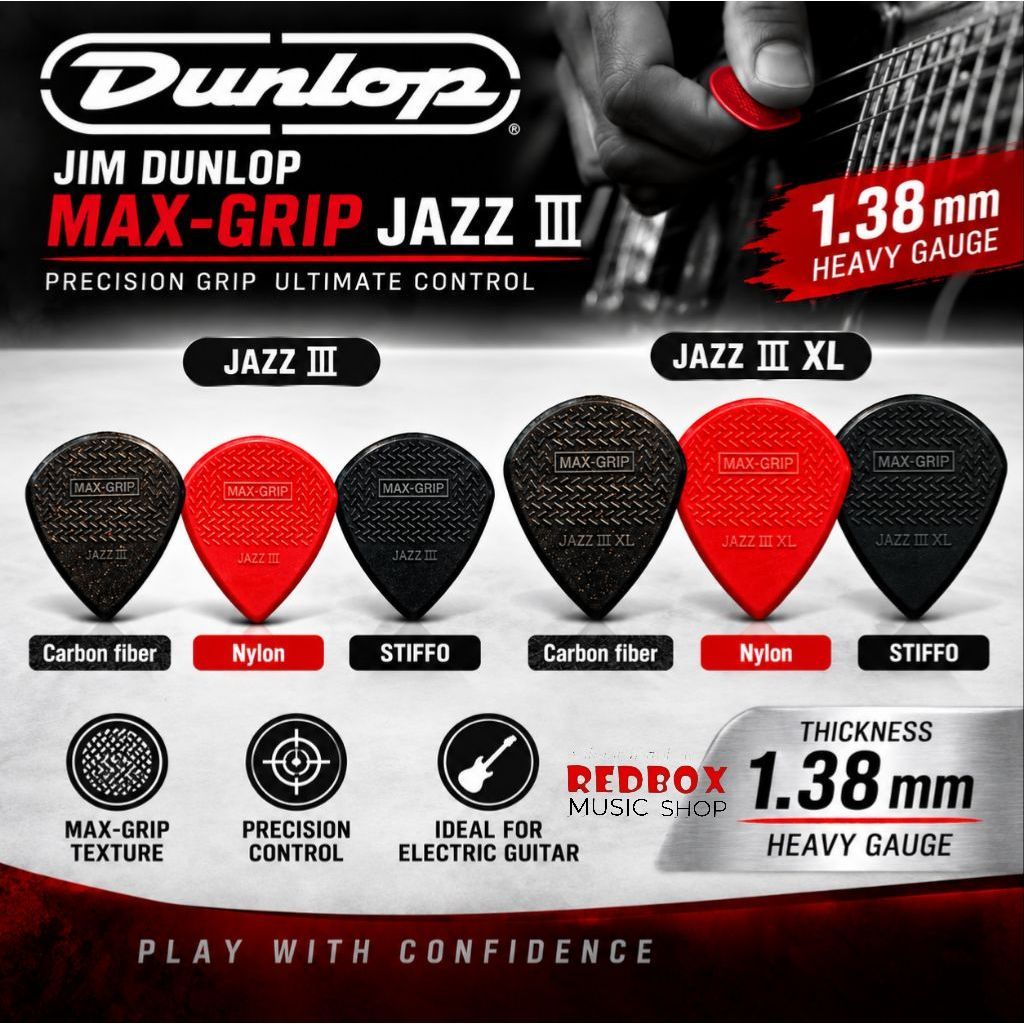 ปิ๊กกีตาร์ JIM DUNLOP MAX-GRIPX®JAZZ III และ JAZZ III XL PICK 1.38MM [USA แท้ 100%]