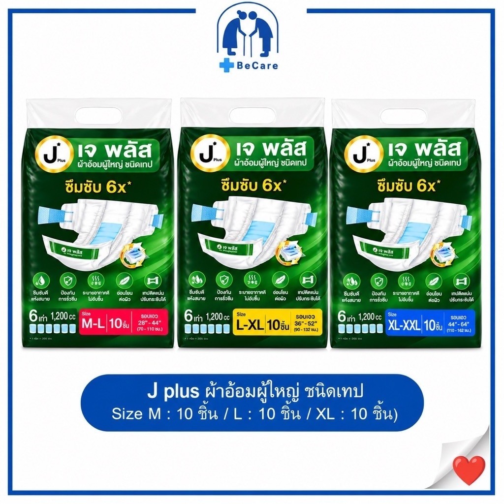 J Plus เจ พลัส ผ้าอ้อมผู้ใหญ่แบบเทป แพม้พิสผู้ใหญ่แบบเทป ซึมซับมาก แห้งสบาย สำหรับผู้สูงอายุ ผู้ป่วยติดเตียง สวมใส่สบาย