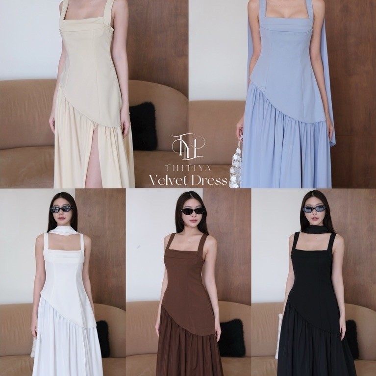📌 รบกวนลูกค้าเช็คขนาดก่อนสั่งนะคะ 🙏🏻Velvet Dress #5798    เดรสยาวดีไซน์เรียบหรู อกจีบ สายปรับได้ มาพร้อมผ้าพันคอเข้าชุด