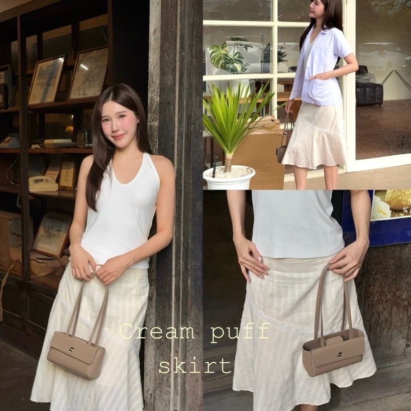 (พร้อมส่ง) med.dailydress | CREAM PUFF skirt🍨 กระโปรงพลางสะโพก 2in1 ไปคาเฟ่ ทำงาน แต่งลูกไม้