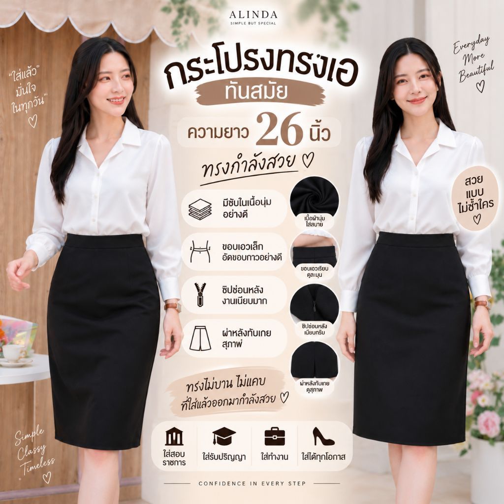 ALINDA กระโปรงทรงเอ 26" ไซส์ S-XL เอวสูง ผ้าเบอร์ลิน ซับในทุกรุ่น ยืดหยุ่นดี ไม่ยับยาก เหมาะกับอากาศ สำหรับผู้หญิง
