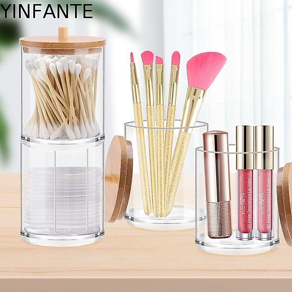 YINFANTE Qtips Holder Storage Makeup Organizer สําลีอะคริลิคเครื่องสําอางพร้อมฝาปิดไม้ไผ่ขวดห้องน้ํา