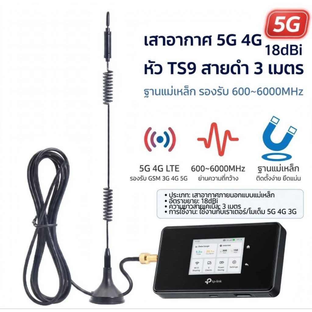 เสาอากาศ 5G 4G 18dBi TS9 แม่เหล็ก Sucker Antenna Signal Booster LTE Full Band เสาอากาศเราเตอร์ ใส่ซิ