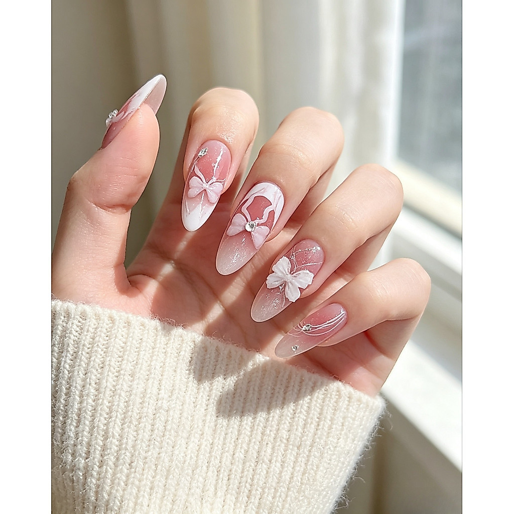 Pink Cat‐Eye Bow Almond Press-On Nails 00073
