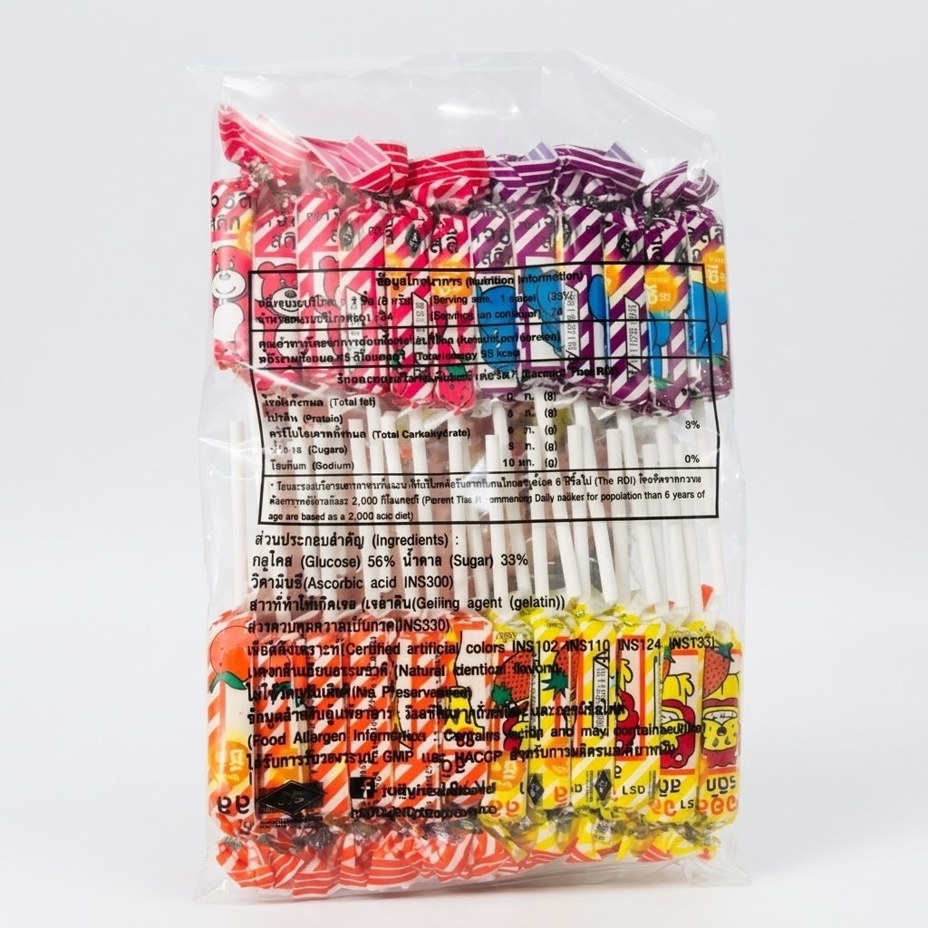 จอลลี่สติ๊ก (Jolly Stick) ขนมเคี้ยวหนึบรสผลไม้แบบแท่งบรรจุห่อละ 24 ชิ้น