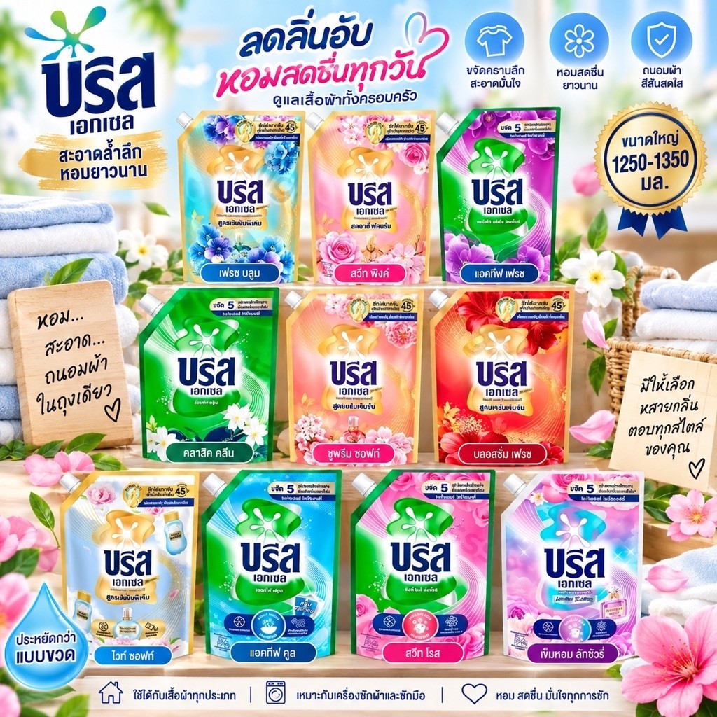 Breeze บรีส เอกเซล น้ำยาซักผ้า ถุงเติม ขนาดใหญ่ 1,200–1,350 มล.