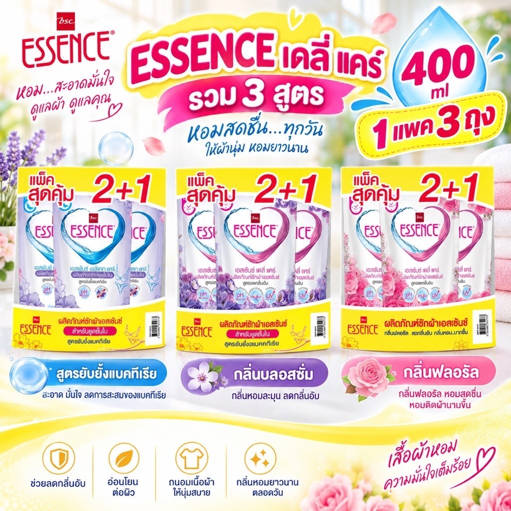 ESSENCE เอสเซ้นซ์ เดลี่ แคร์ ผลิตภัณฑ์ซักผ้า ขนาด 400 มล. × 3 ถุง | แพ็กสุดคุ้ม 2+1 | เลือกได้ 3 สูตร