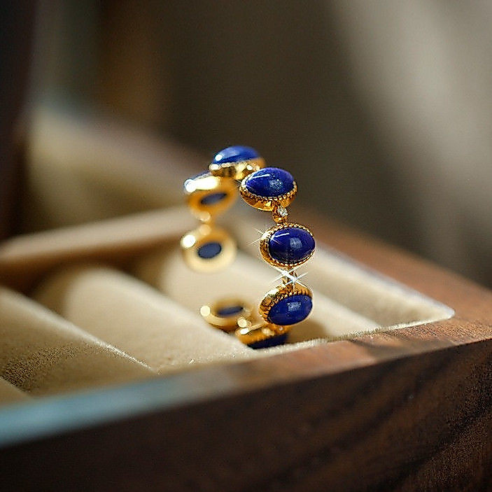 ความรู้สึกการออกแบบที่ไม่ซ้ํากัน Lapis Lazuli เพชร Retro ไข่ Face เปิดแหวน