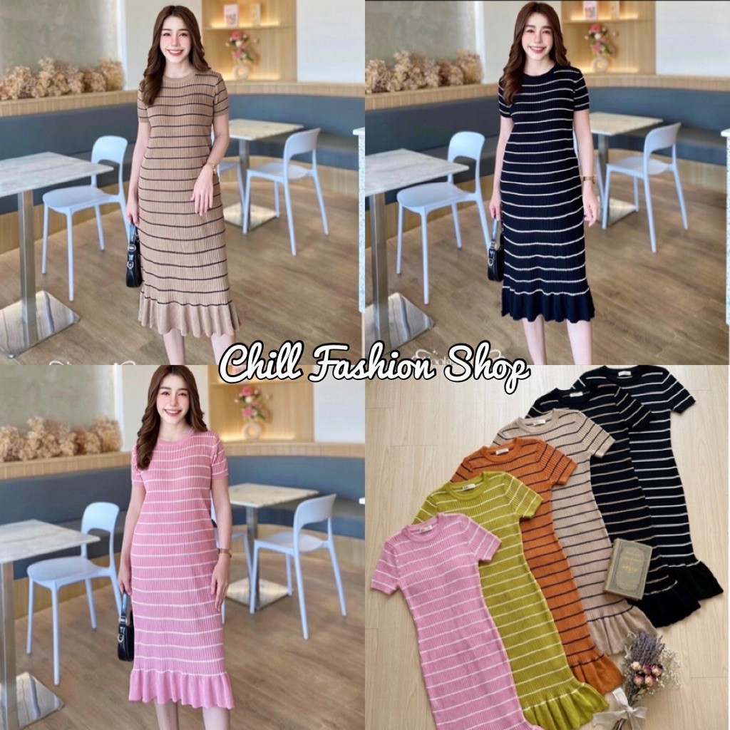 🍭 Chill Fashion Shop 🍭 เดรสคอกลมลายริ้วชายระบาย (รุ่นดอกไม้)