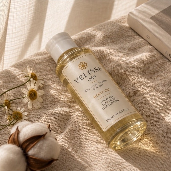VELISSE Velvet Glow Body Oil บอดี้ออยล์เนื้อบางเบา สำหรับดูแลผิวกายกลิ่นหอมละมุน สะอาด อ่อนโยน เหมือนผิวเพิ่งอาบน้ำ