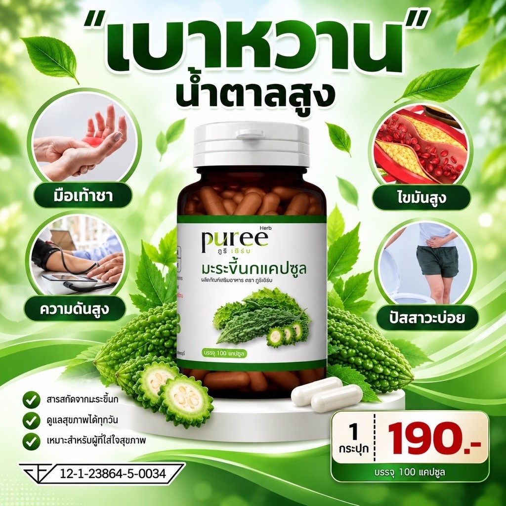 มะระขี้นกแคปซูล ภูรีเฮิร์บ - เบๅหวๅu-น้ำตๅaสูv - 1 กระปุก 100 แคปซูล ((ขายดีมาก))
