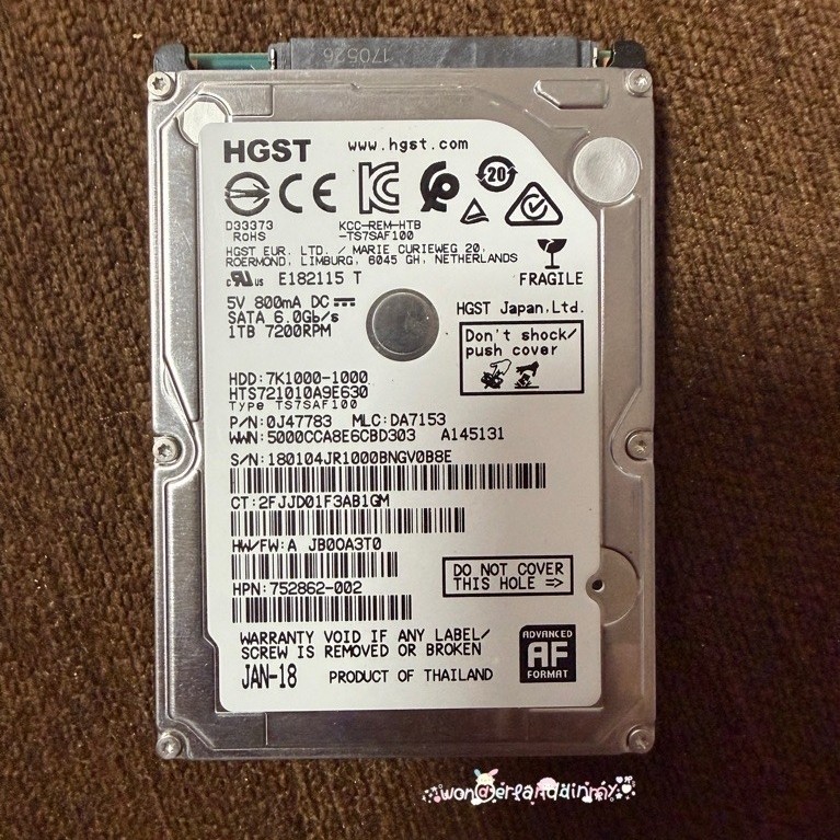 ฮาร์ดดิสก์(Hard Disk) 2.5" HGST มือสอง 1TB. มีผลตรวจสอบจาก CrystalDiskInfo