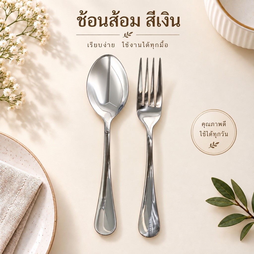 ช้อนส้อมสแตนเลส สีเงิน เนื้อหนา ทนทานต่อการใช้งาน