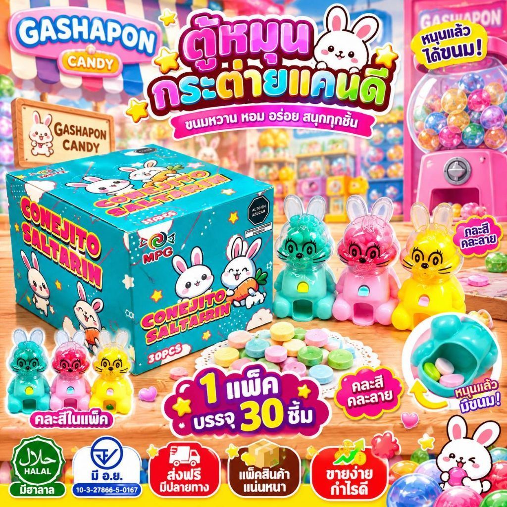 💢30ชิ้น💢 ลูกอม แคนดี้ ตู้หมุน 🐰กระต่าย🐰คละสี ลูกอมด้านในตู้ อร่อย สินค้า มีอ.ย.