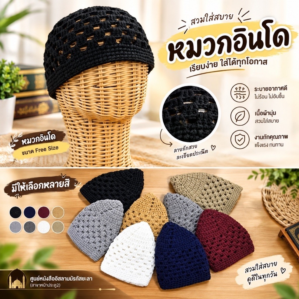 หมวกถักอินโดแบบหนา มีรูระบายอากาศ