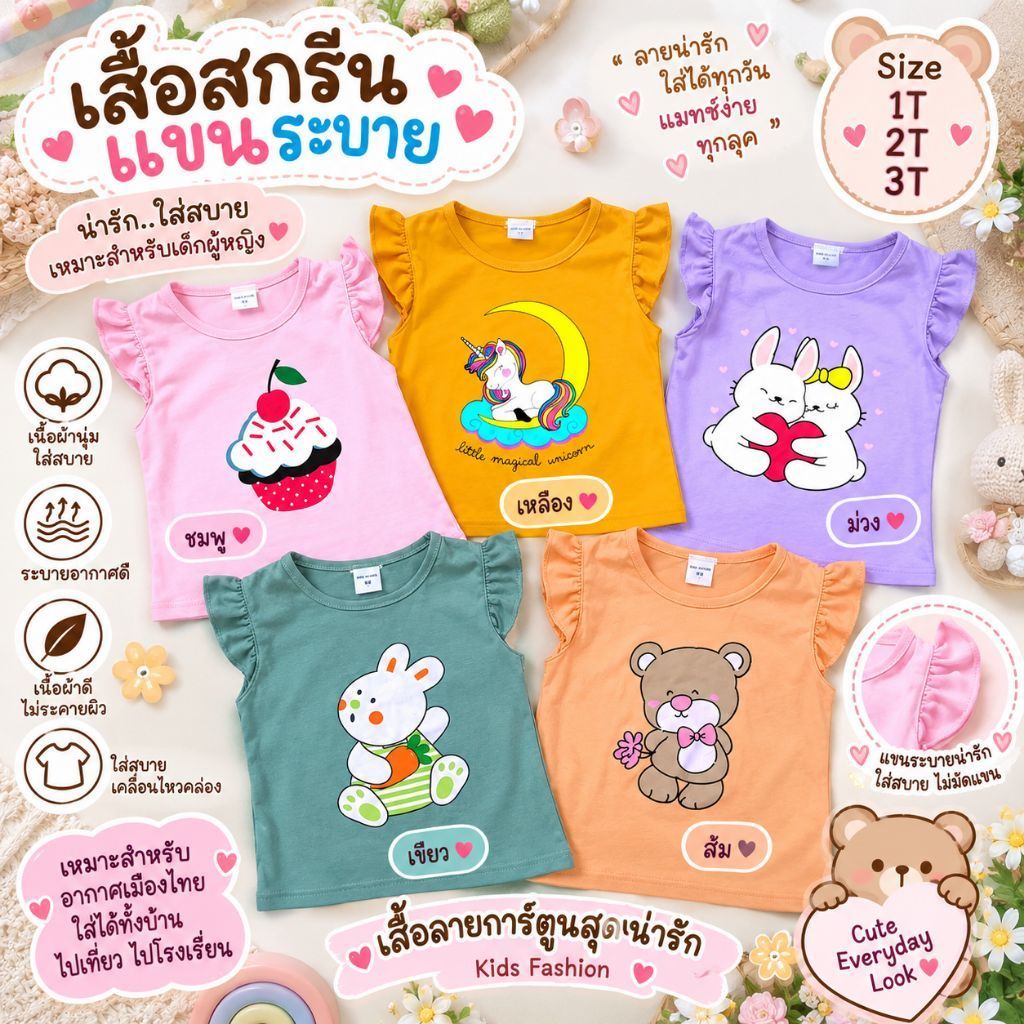 แพ็ค3ตัว แพ็ค6ตัว เสื้อสกรีนแขนระบาย ลายการ์ตูนน่ารัก 1,2,3ขวบ