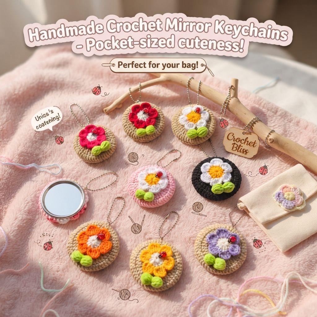 พร้อมส่ง!! พวงกุญแจ​กระจกพกพาดอกไม้​ พวงกุญแจ​ไหมพรม​ ของขวัญ​ปัจฉิม​