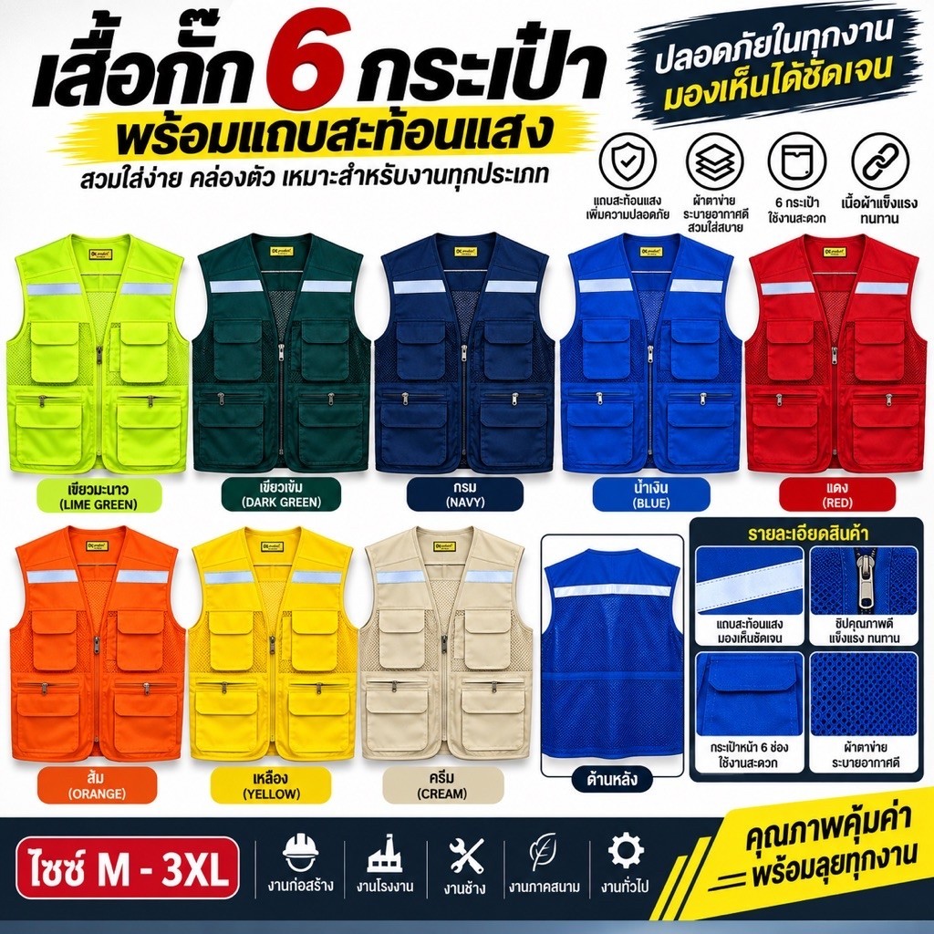 เสื้อกั๊กเซฟตี้ 6 กระเป๋า แถบสะท้อนแสง ผ้าตาข่ายระบายอากาศ เสื้อกั๊กช่าง เสื้อกั๊กทำงาน โรงงาน ก่อสร้าง M-3XL