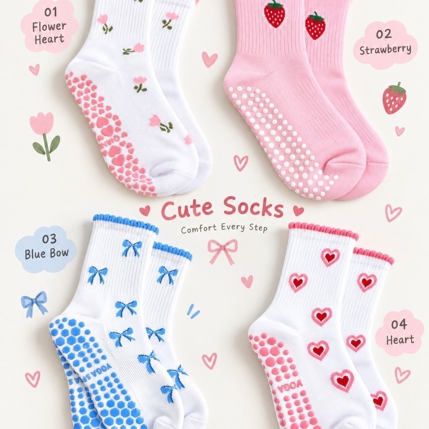 ถุงเท้าพิลาทิส กันลื่น Pilates Grip Socks ถุงเท้าโยคะ ผ้าคอตตอน นุ่ม กระชับ ผู้หญิง