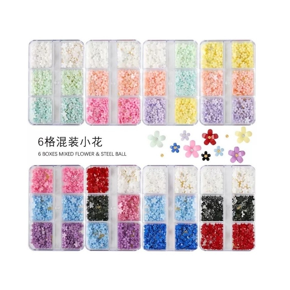 เรซิ่นดอกไม้กล่อง สำหรับแต่งเล็บ 6ช่องและ12ช่อง ดอกไม้แต่งเล็บ คละสีคละไซส์