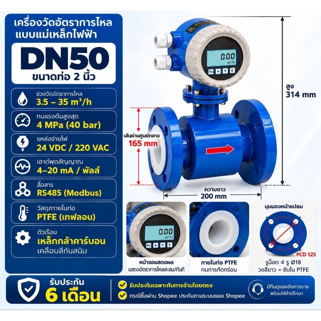 เครื่องวัดอัตราการไหลแบบแม่เหล็กไฟฟ้า ซับในเทฟลอน ทนการกัดกร่อน รุ่นทนแรงดัน 4mpa