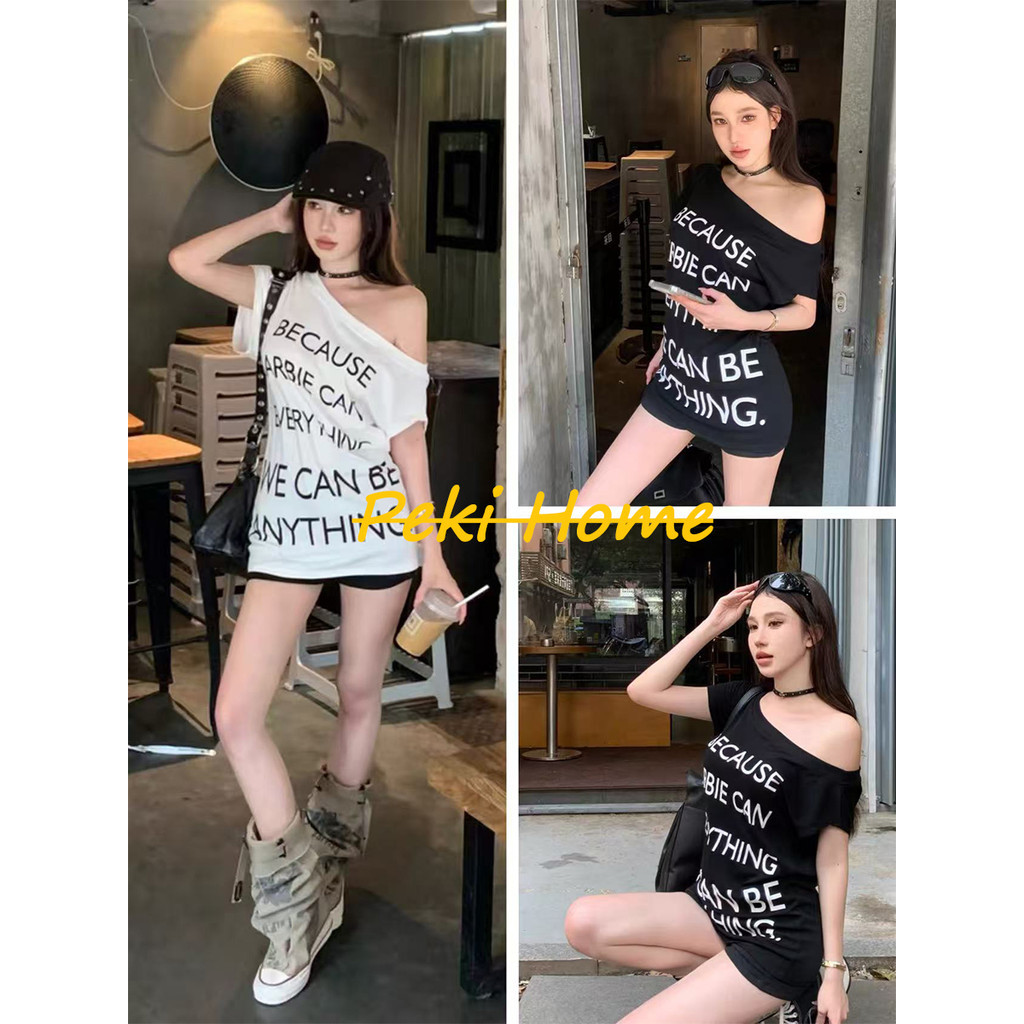 เสื้อเปิดไหล่ ลายตัวอักษร อินเทรนด์ สตรีทฮิปส์