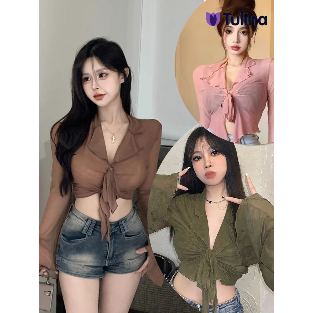 เสื้อครอปแขนยาว ตาข่ายโปร่ง สวมใส่ดูเซ็กซี่