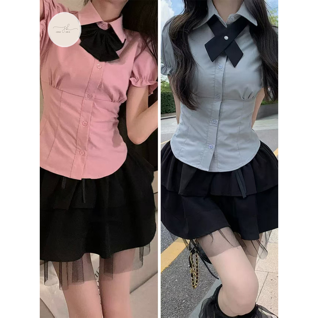 เสื้อเชิ้ตผู้หญิง สไตล์สาวตัวเล็ก แขนสั้น ลุคสาวใสๆ
