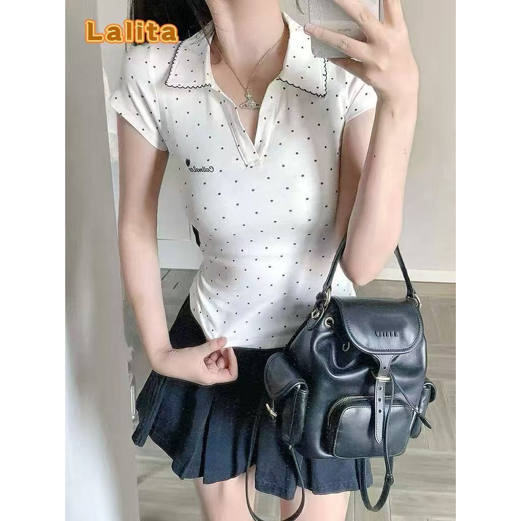 ส่งไวจากไทย ปัก รวมเสื้อลายจุด เสื้อยืดแขนสั้นคอปก เสื้อคอปกกระดุมหน้า ผ้านิ่ม ใส่บาย🎀Lalita