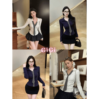 ส่งทันทีCici(NO. Y6327-3) เสื้อแขนยาวคอปก แต่งลายสก็อตที่เนก…