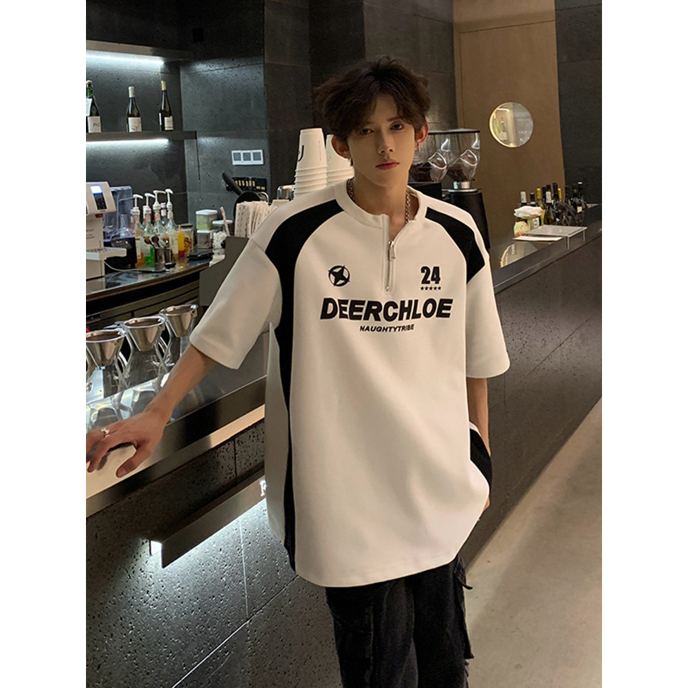 TrendyMen เสื้อโปโลผู้ชาย-ผู้หญิง คู่รัก ทรงหลวม แขนสั้น คอซิป สีดำ/ขาว เท่ๆ