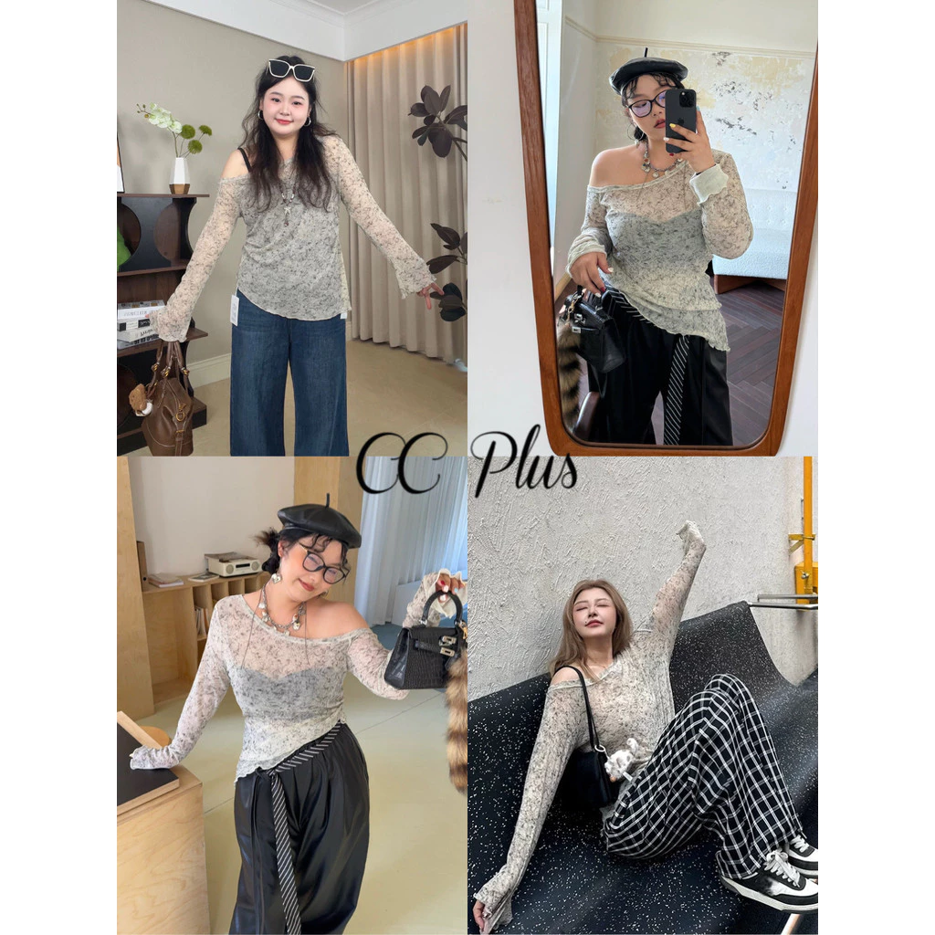 CiCi Plus+(H88107) เสื้อปาดไหล่แขนยาวดีเทลแต่งปลายเฉียง แต่งลวดลายสีมัดย้อม รัดรูปจั้มเอว แฟชั่นสไตล์เกาหลี