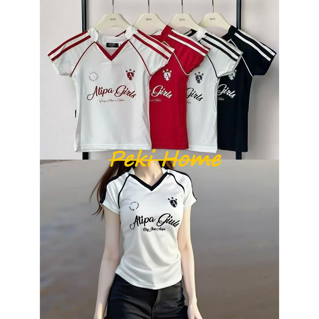เสื้อยืดแขนสั้น คอวี ลายตัวอักษรสะดุดตา