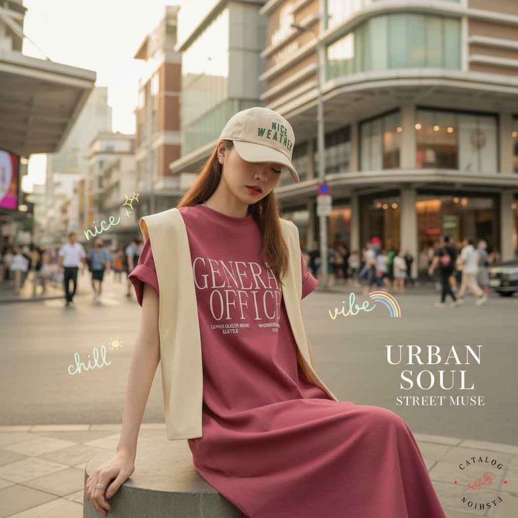 ꕥCatalog Fashionꕥ เดรสโอเวอร์ไซส์ ทรงตรง สีชมพูเข้ม คอกลมแขนสั้น สกรีนลาย GENERAL