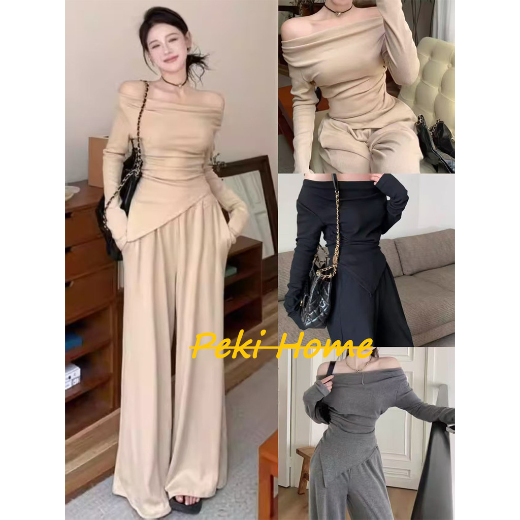 ชุดเซ็ตแฟชั่นสตรีท เสื้อยืดไม่สมมาตร + กางเกงขากว้าง