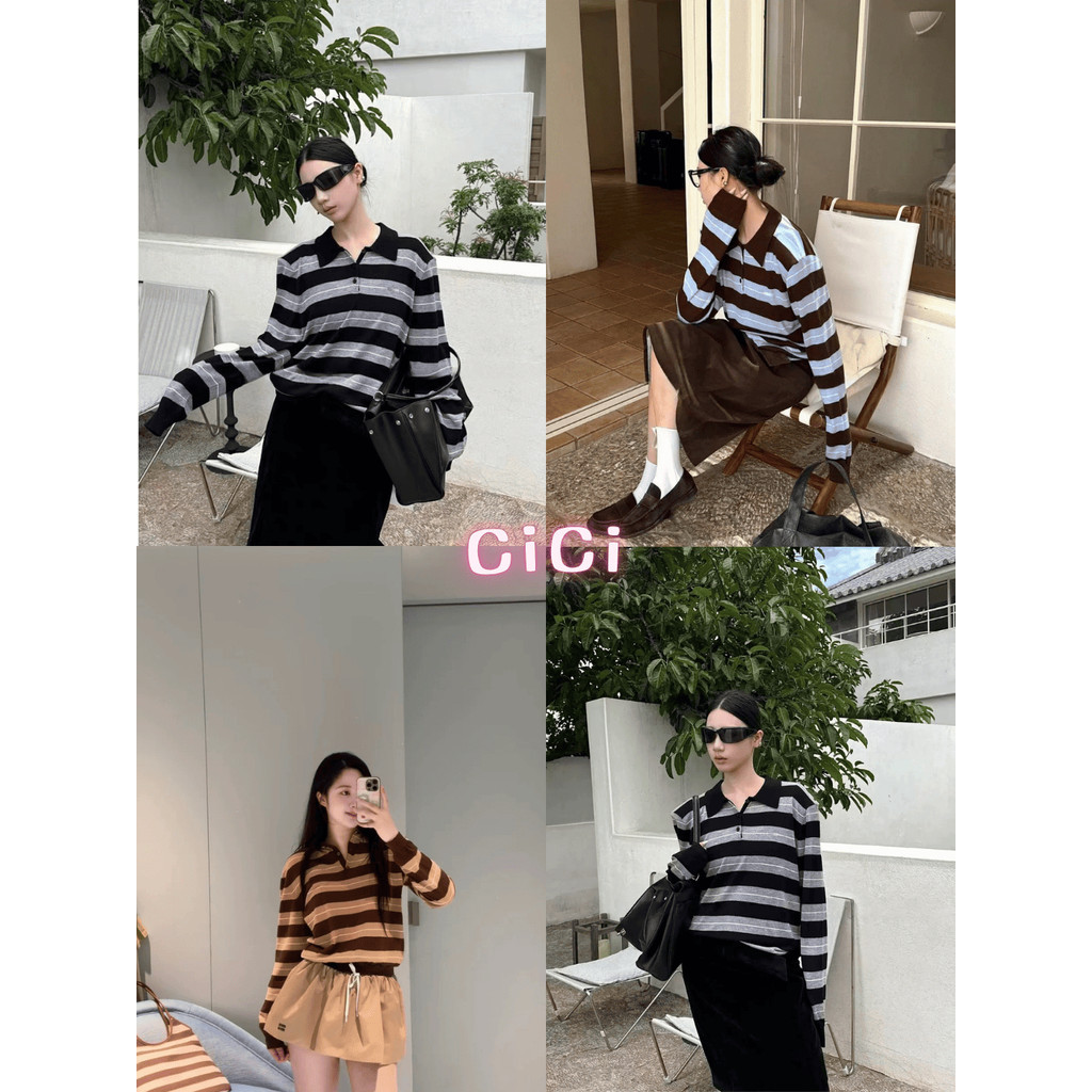 ส่งทันทีCici(NO. M3750)เสื้อแขนยาวคอปกไหมพรมลายทาง กระดุมใช้งานได้จริงดีเทลแต่งขอบร่องผ้ายืดได้ทั้งตัวใส่สบายสไตล์เกาหลี