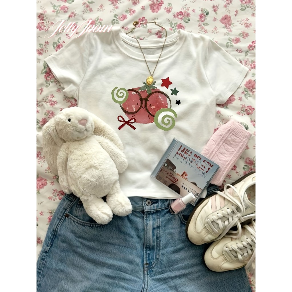 🍅ส่งจากไทย🍅เสื้อยืดแขนสั้นคอกลมเข้ารูปสำหรับผู้หญิง พิมพ์ลายโบว์มะเขือเทศน่ารัก เนื้อผ้ายืดหยุ่น