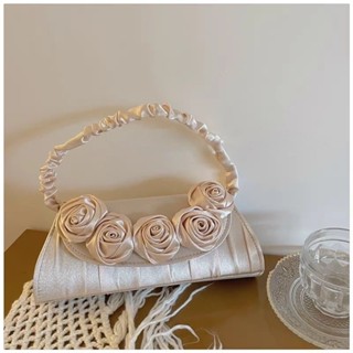 EMIKA กระเป๋าสาตินสีเบจดอกกุหลาบ สำหรับงานแต่ง งานเลี้ยง กระ…
