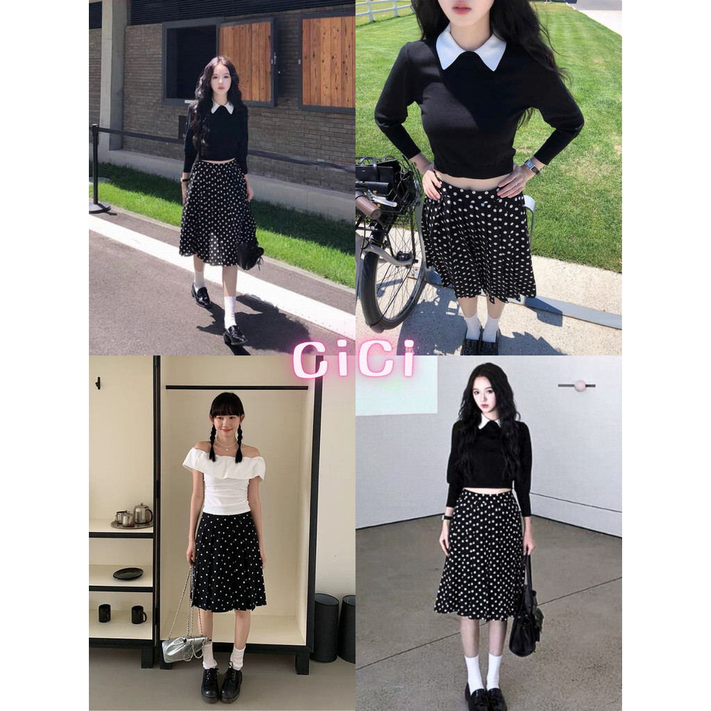 ส่งทันทีCici(NO.2545) กระโปรงพลีทลายจุด Polka Dots มีซับในเป็นกระโปรงซิปข้างกระดุมข้าง ใส่แล้วพรางหุ่น สไตล์ฝรั่งเศส