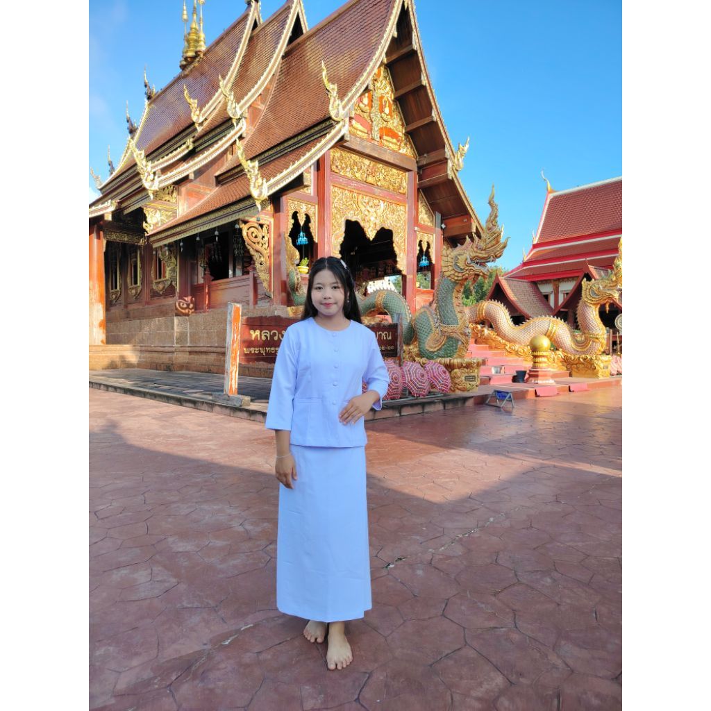 ชุด​ขาวโอ​โม่​คอกลมแขนสี่ส่วนเจาะเป๋า ผ้าถุง​ป้าย เนื้อผ้าอ​๊อกฟอร์ด​มีถึงเอว42อก52