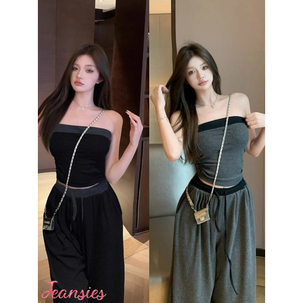 ชุดเสื้อเกาะอก+กางเกงขายาว ชุดสตรีทแฟชั่น ลุคมั่นใจ ใส่สบาย