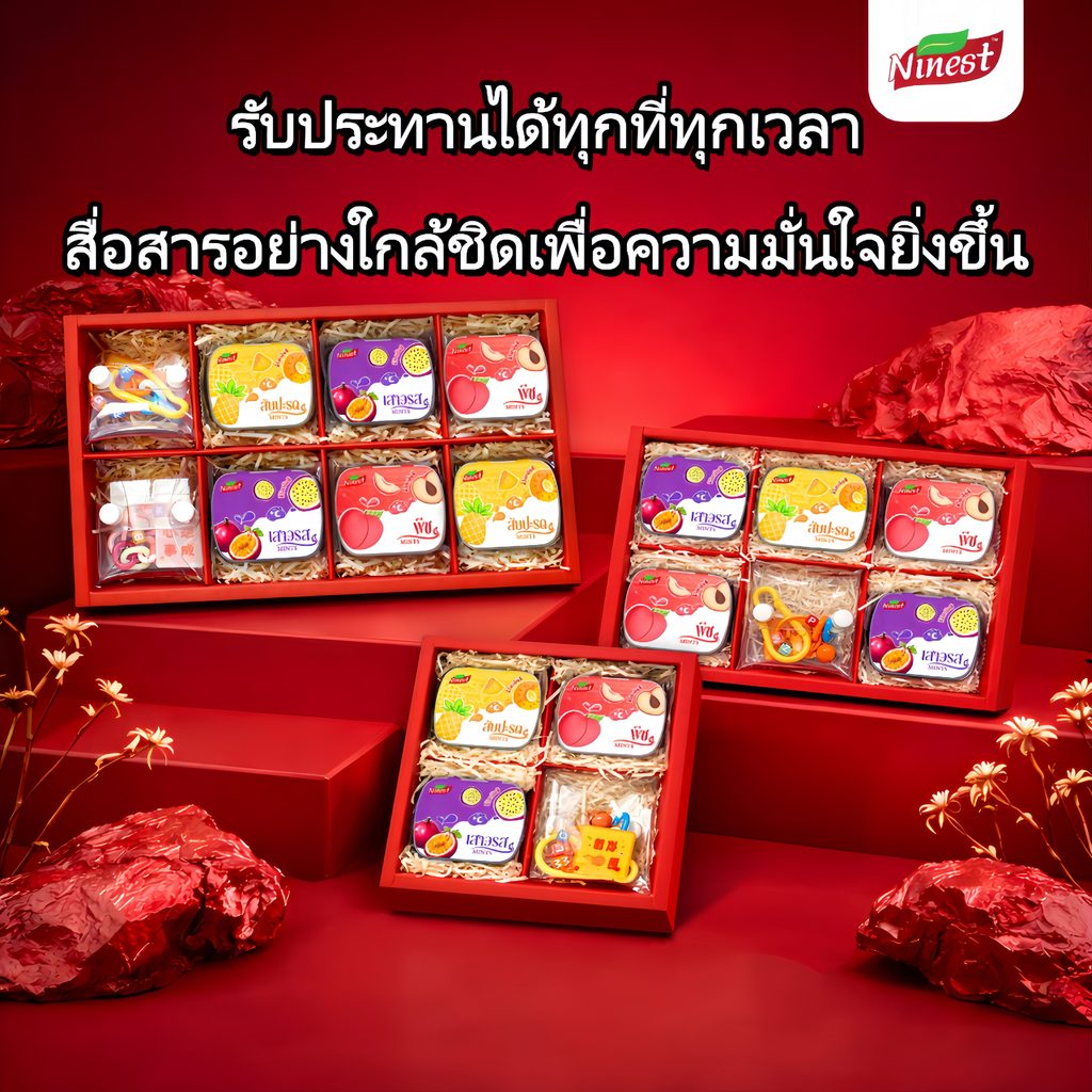 Ninest Mints ตรุษจีน ลมหายใจหอมสดชื่น น้ำตาล 0% รสผลไม้: พีช สับปะรด เสาวรส เย็นสดชื่น