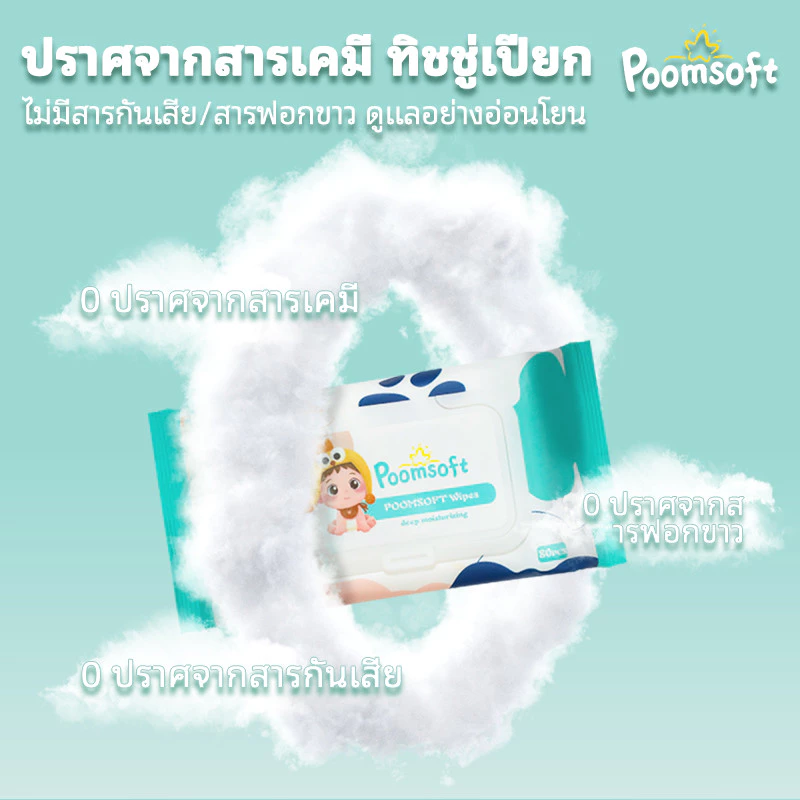Poomsoft ทิชชู่เปียกเด็ก 5 แพ็ค 400 แผ่น Baby Wipes thumbnail 10