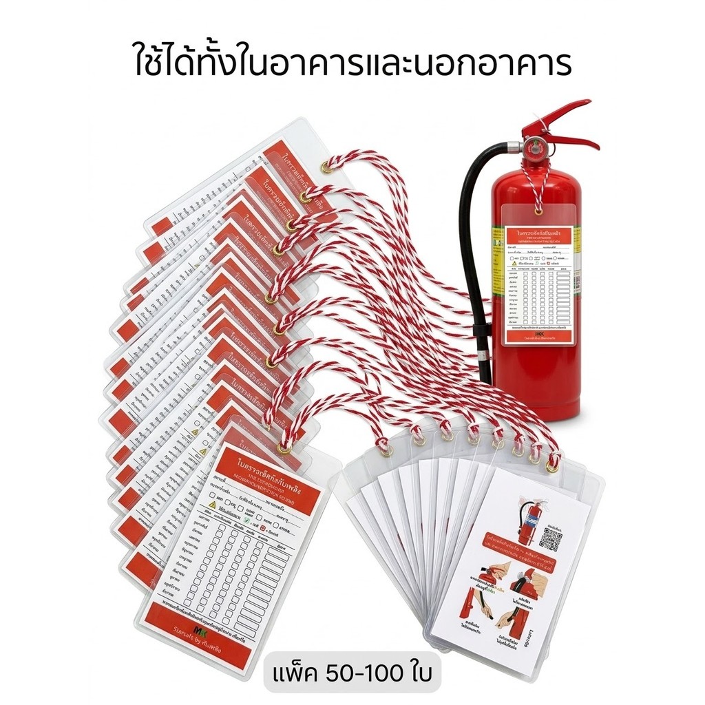ใบตรวจเช็ค ป้ายแขวนถังดับเพลิง เคลือบพลาสติกใส กันน้ำ กันฝน สำหรับโรงงานและอาคารสำนักงาน  แบบใหม่ (แพ็ค 50-100ใบ)