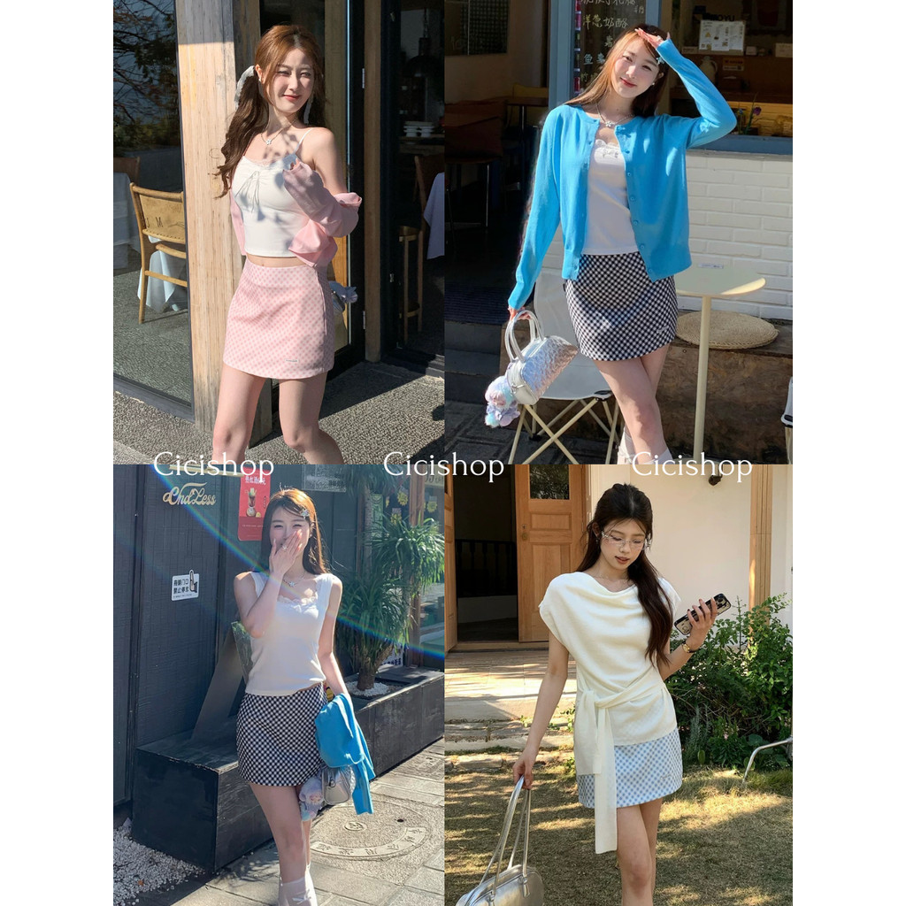 Cicishop(NEW1119) กระโปรงสั้นลายตาราง มีซับในซิปด้านข้าง สไตล์สาวน่ารักๆ สาวคาเฟ่